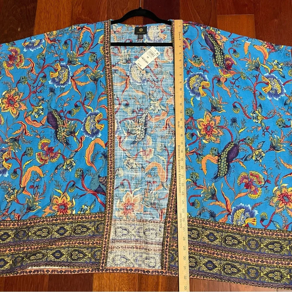 JM Collection Open Front Kimono‎ Cardigan Linen Blend Jacquard Print Sz 1X B33